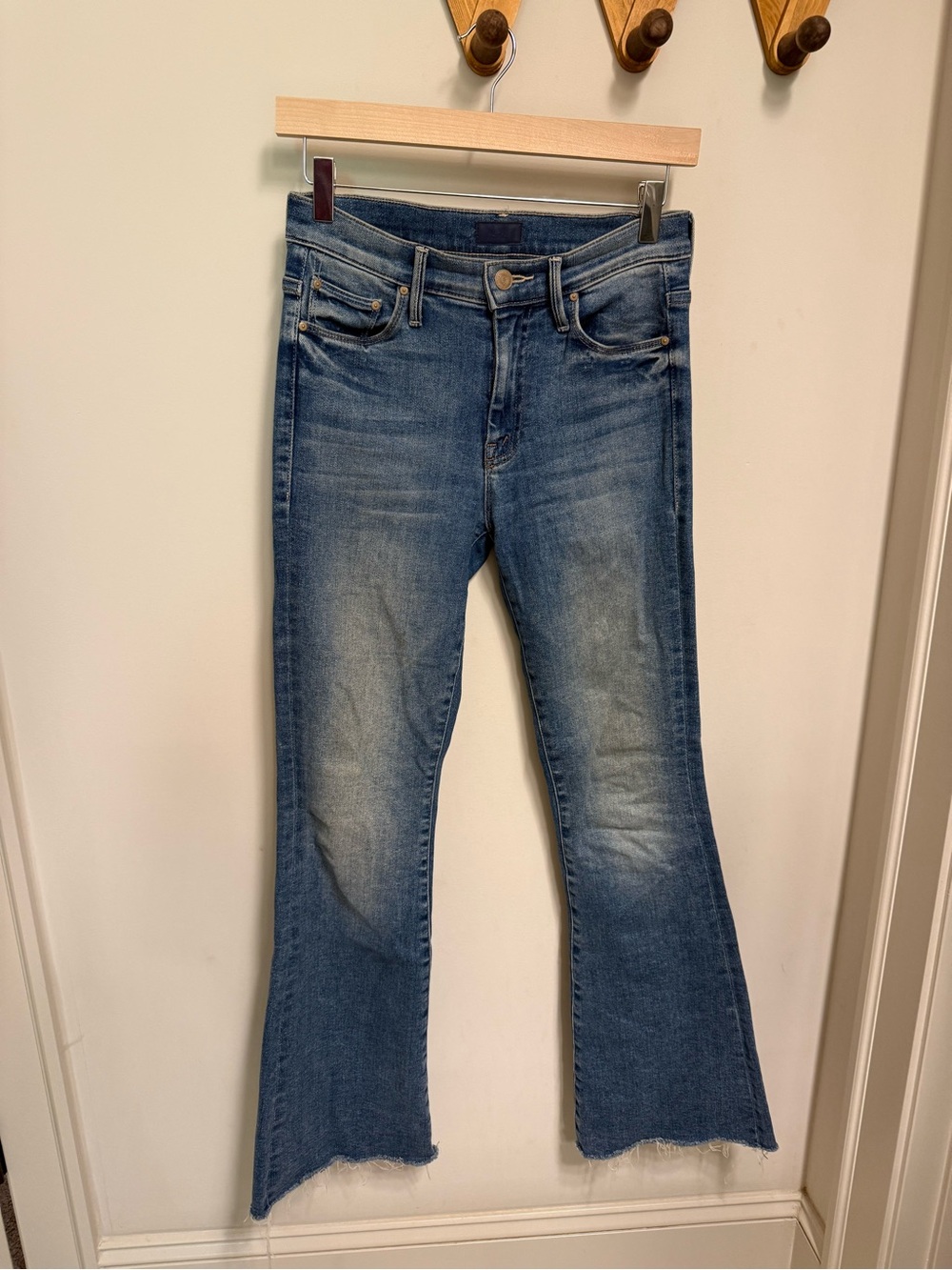 MOTHER The Weekender Fray Medium Blue Faded Flare Jeans with Frayed Hem